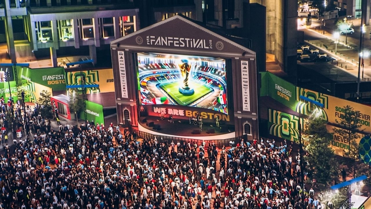 Aerial view of Malecon Tajamar in Cancun, the main venue for the Cancun Fan Fest Mundial with giant screens for World Cup matches.