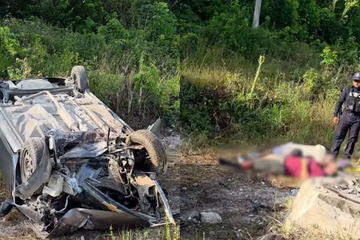 A compact car lies upside down on its roof after a rollover accident on Federal Highway 307 near Bacalar, Quintana Roo.