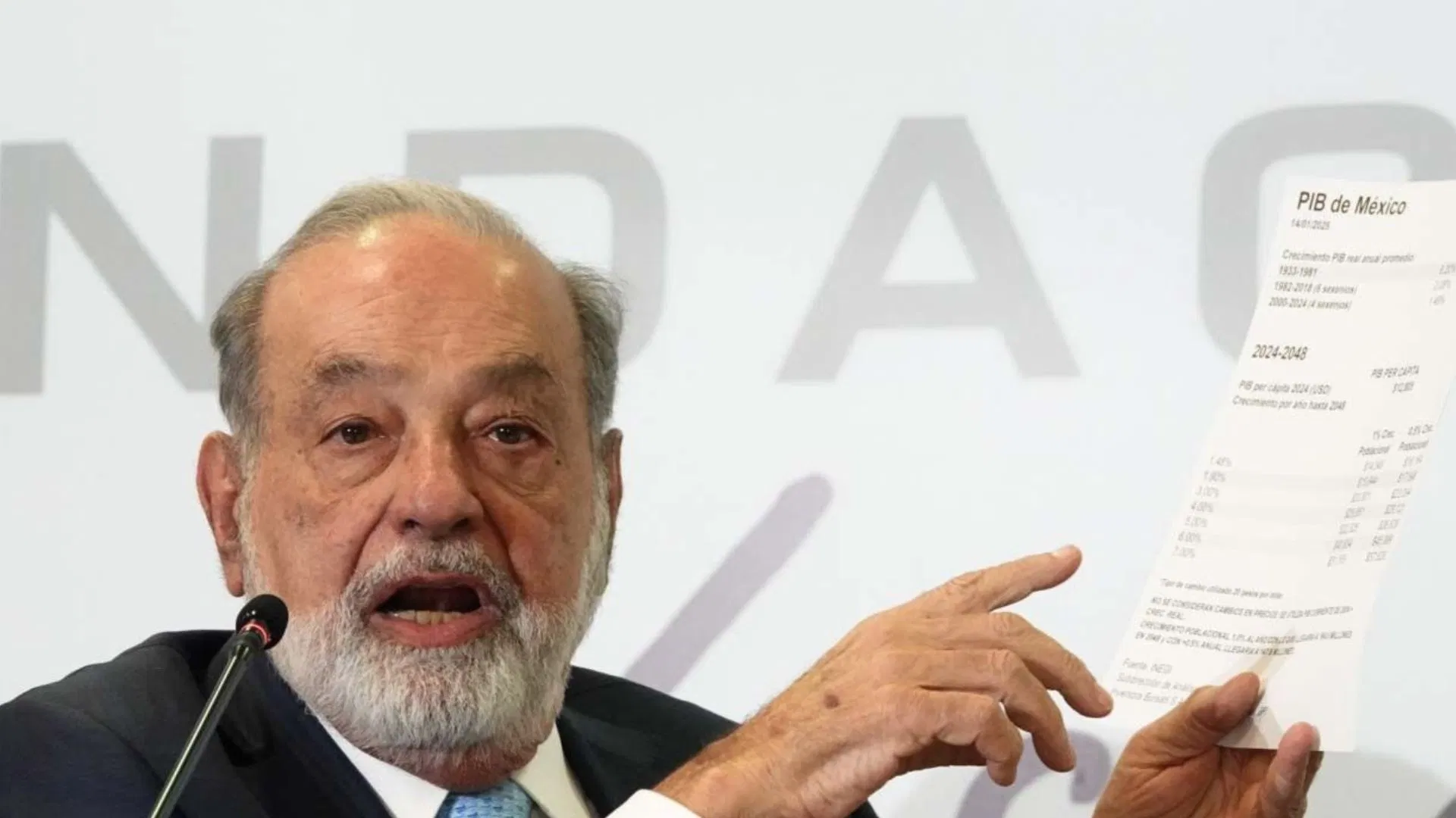 Mexican billionaire Carlos Slim speaking at an international forum in Monterrey, proposing changes to the pension system.