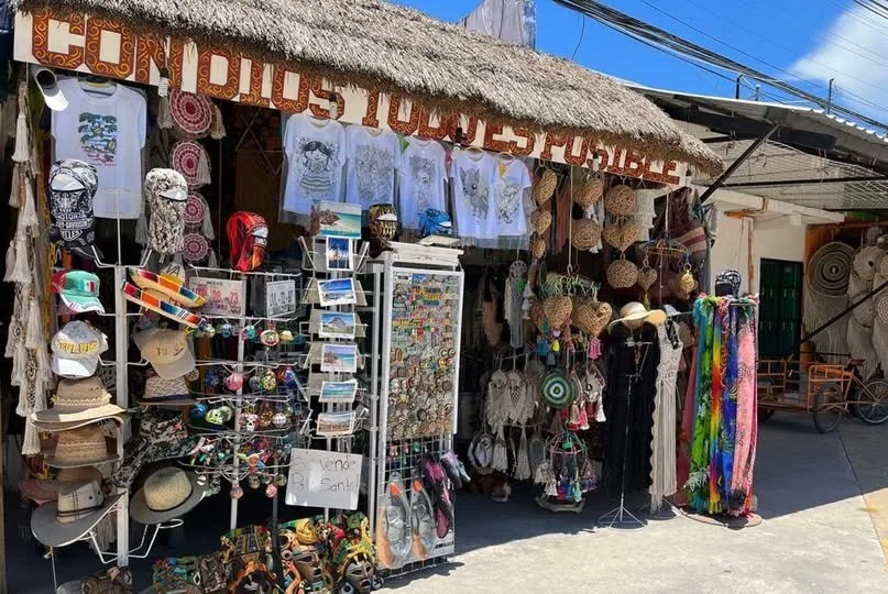 Several closed stalls at the artisan market near Tulum's archaeological zone