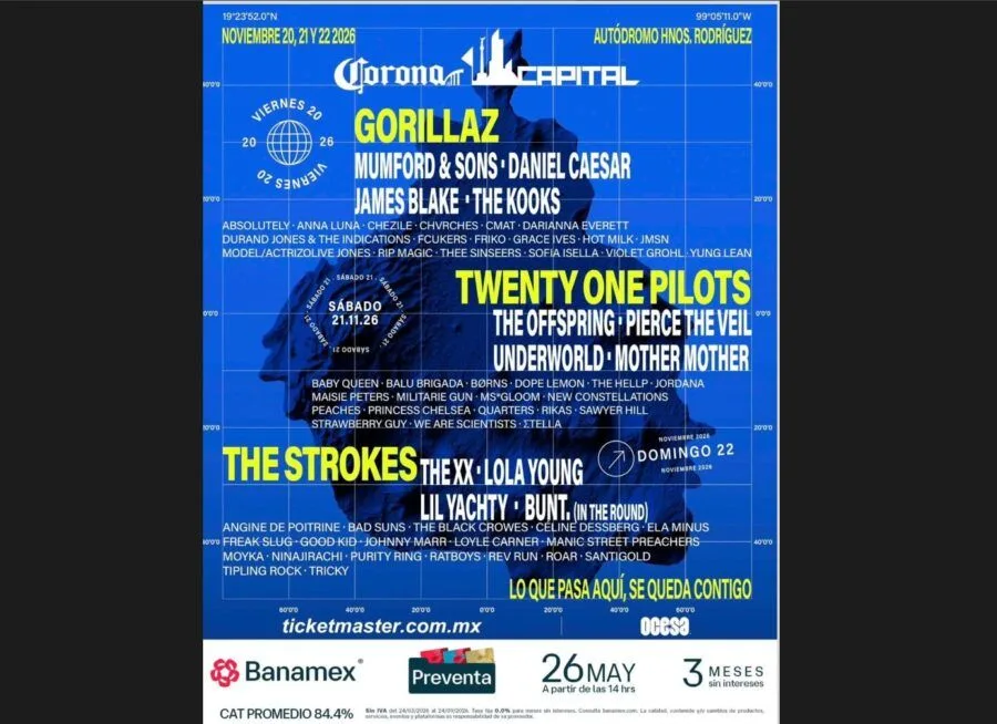 Corona Capital 2026 lineup poster featuring Gorillaz, The Strokes, and Twenty One Pilots