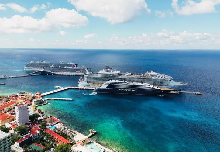Aerial view of Cozumel cruise terminal with ships docked