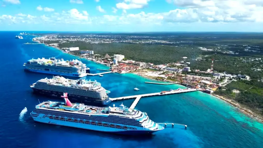Aerial view of Cozumel coastline with cruise ships and proposed pier expansion area