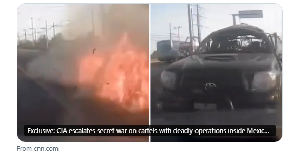 A scene depicting a fiery explosion on one side and a damaged vehicle on the other, suggesting violence related to cartel operations in Mexico.$#$ CAPTION