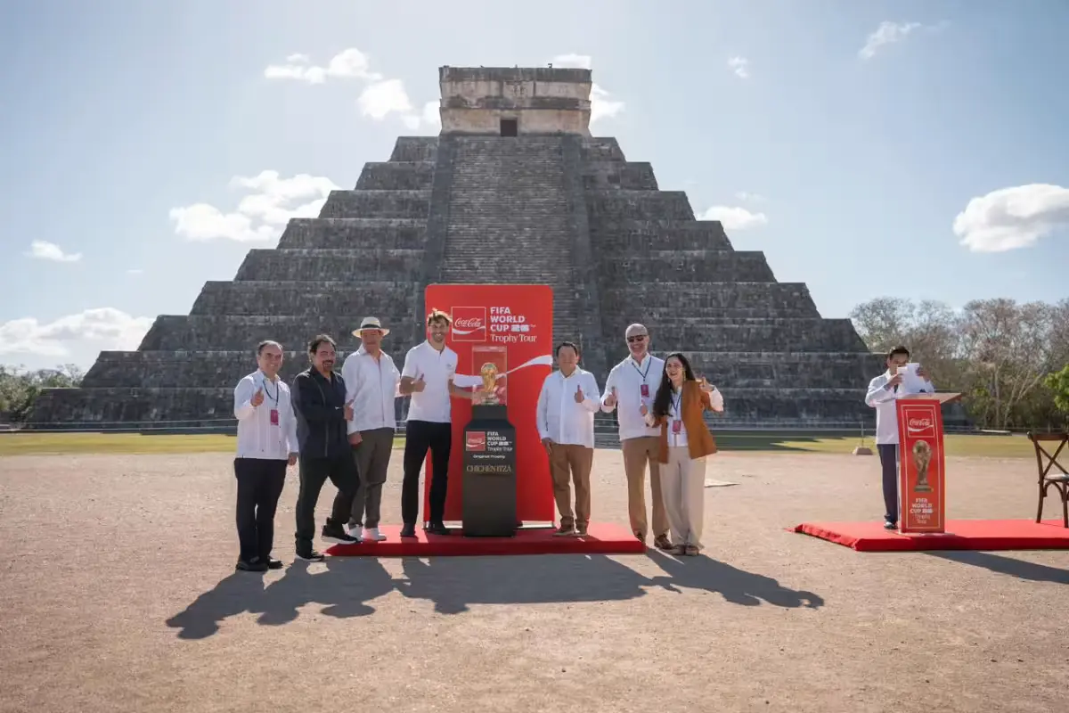 The FIFA World Cup trophy displayed in front of the Kukulcan pyramid at Chichen Itza archaeological site in Yucatan, Mexico.