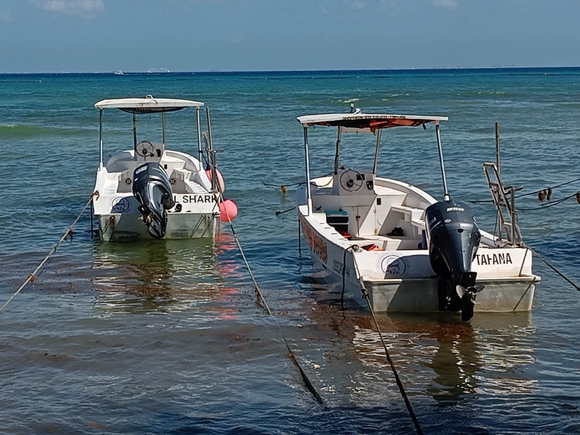 Fishermen in Playa del Carmen standing by their boats, discussing sargasso collection