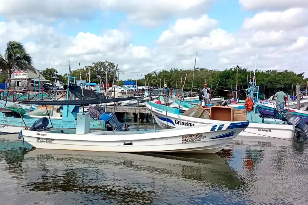 Several fishing boats moored at a dock in Lazaro Cardenas, Quintana Roo, with no activity.