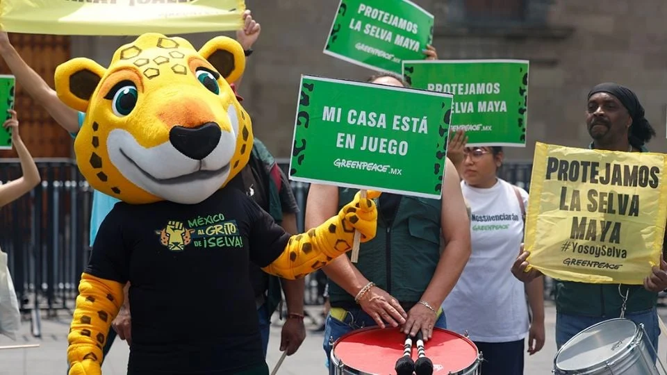 A symbolic jaguar figure named Kanan, mascot of Mexico's 2026 World Cup team, displayed during a Greenpeace campaign launch in Mexico City.