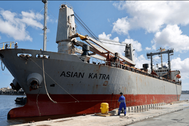 A cargo ship docked at the port of Havana carrying humanitarian aid from Mexico and Uruguay