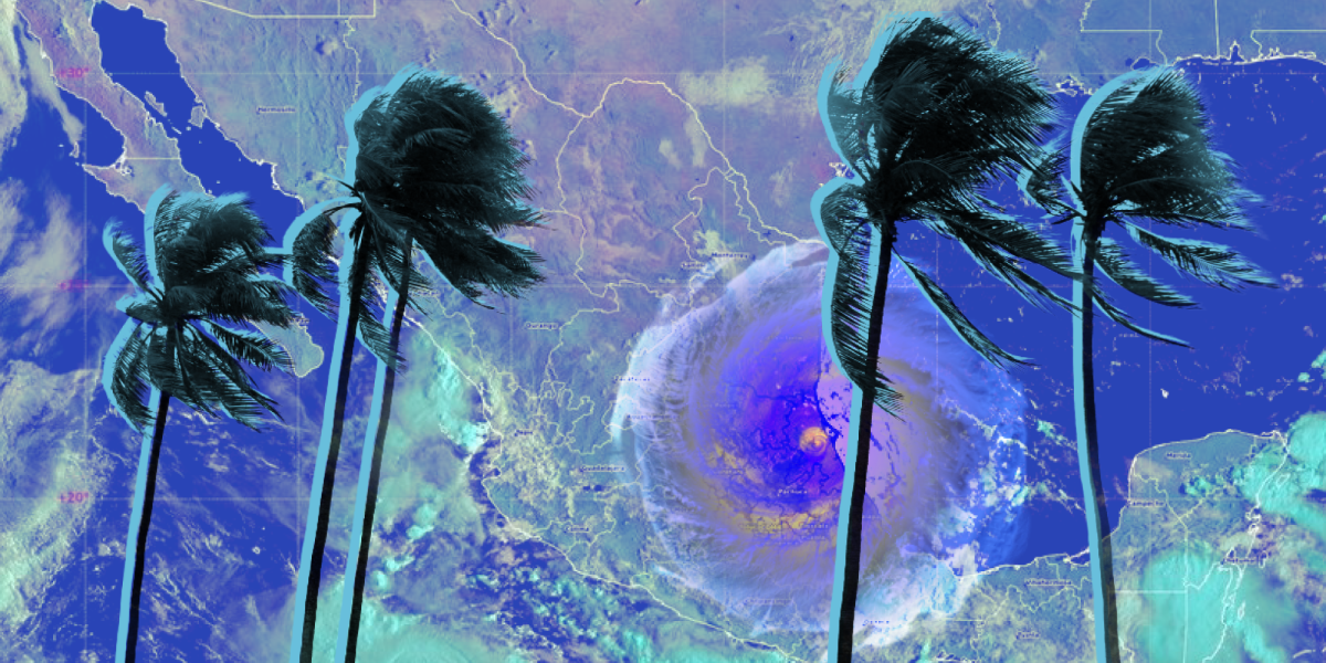 Illustration of a hurricane over the ocean with Mexico's coastline