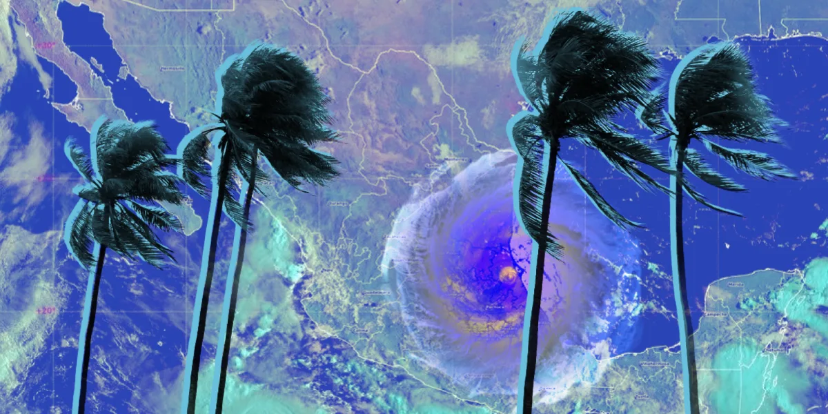 Illustration of a hurricane over the ocean with Mexico's coastline