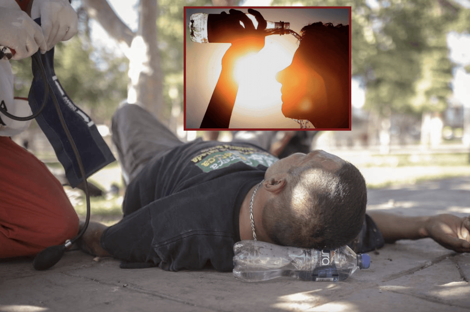 A man receives first aid for heat stroke, illustrating the dangers of extreme heat.