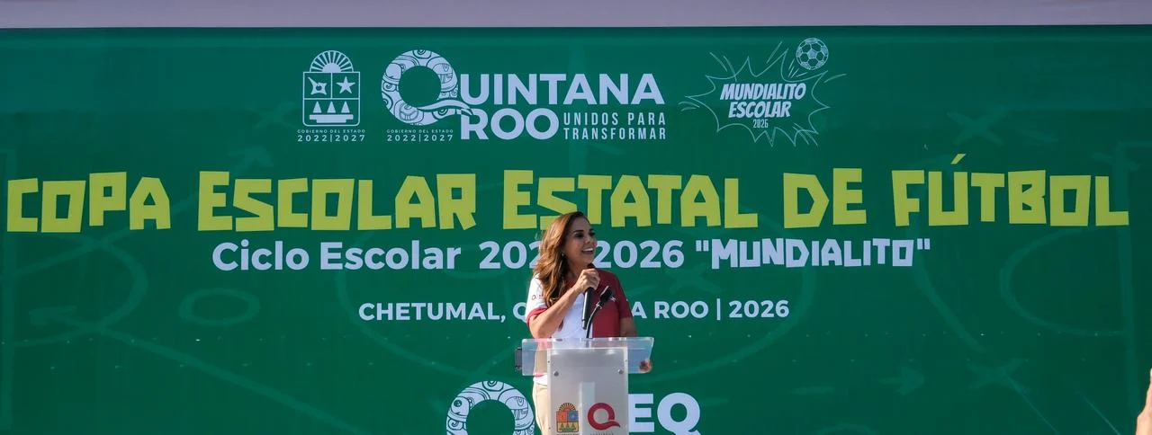 Governor Mara Lezama speaking at the opening ceremony of the Mundialito 2026 school soccer cup in Chetumal