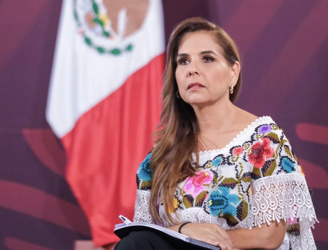 Quintana Roo Governor Mara Lezama speaking at a press conference about new development projects in Mahahual
