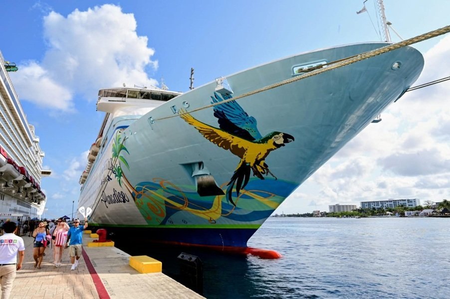 The Margaritaville at Sea Paradise cruise ship docked at the SSA Mexico International Cruise Terminal in Cozumel