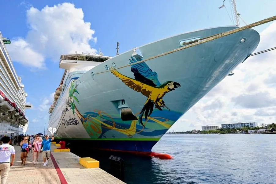 The Margaritaville at Sea Paradise cruise ship docked at the SSA Mexico International Cruise Terminal in Cozumel