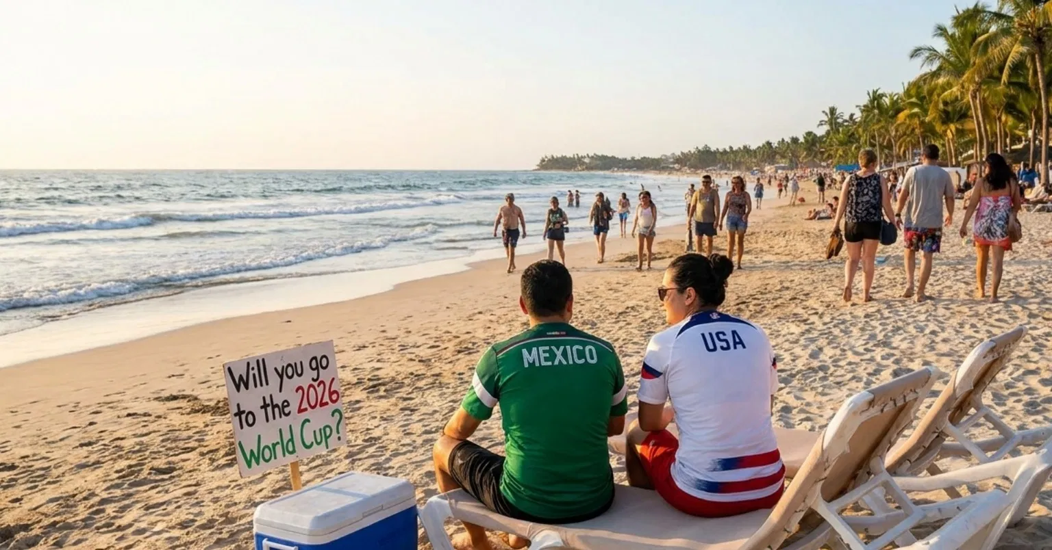 Tourists enjoying a sunny day on a Mexican beach with turquoise water and white sand