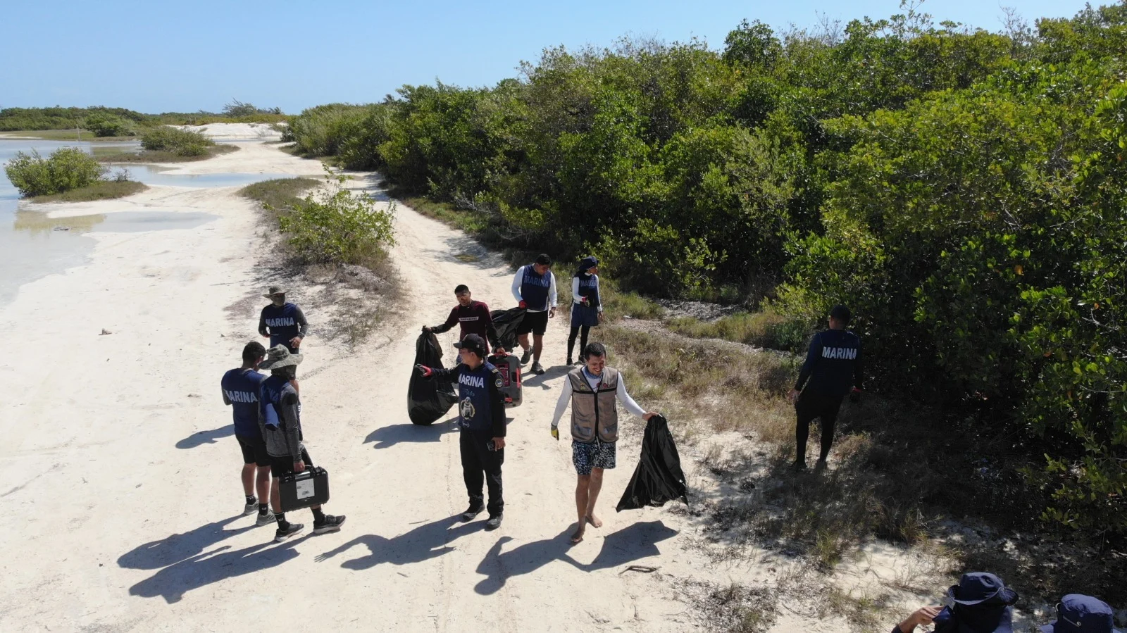 Mexican Navy personnel in uniform picking up trash on a sandy beach with vegetation in the background