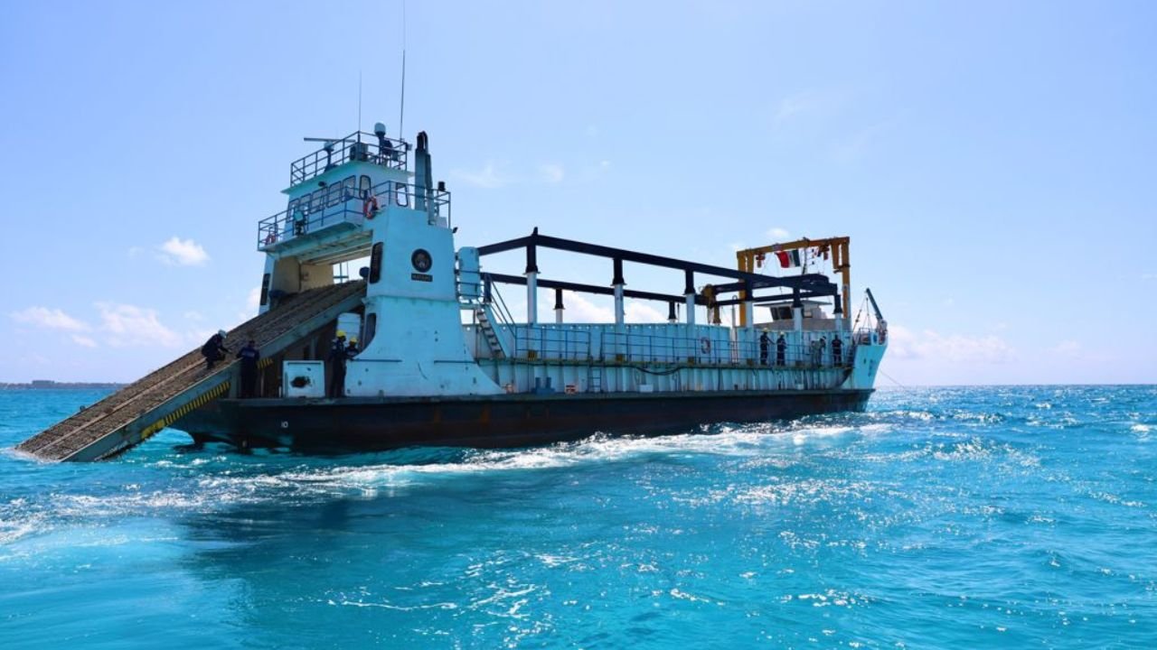 A Mexican Navy vessel collecting sargassum seaweed from the sea near a beach in Quintana Roo.