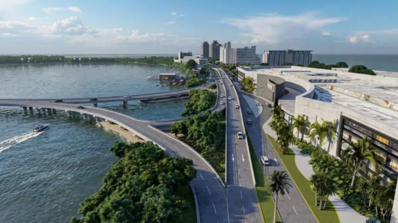 Aerial view of the Nichupté Bridge in Cancún with cars driving on it