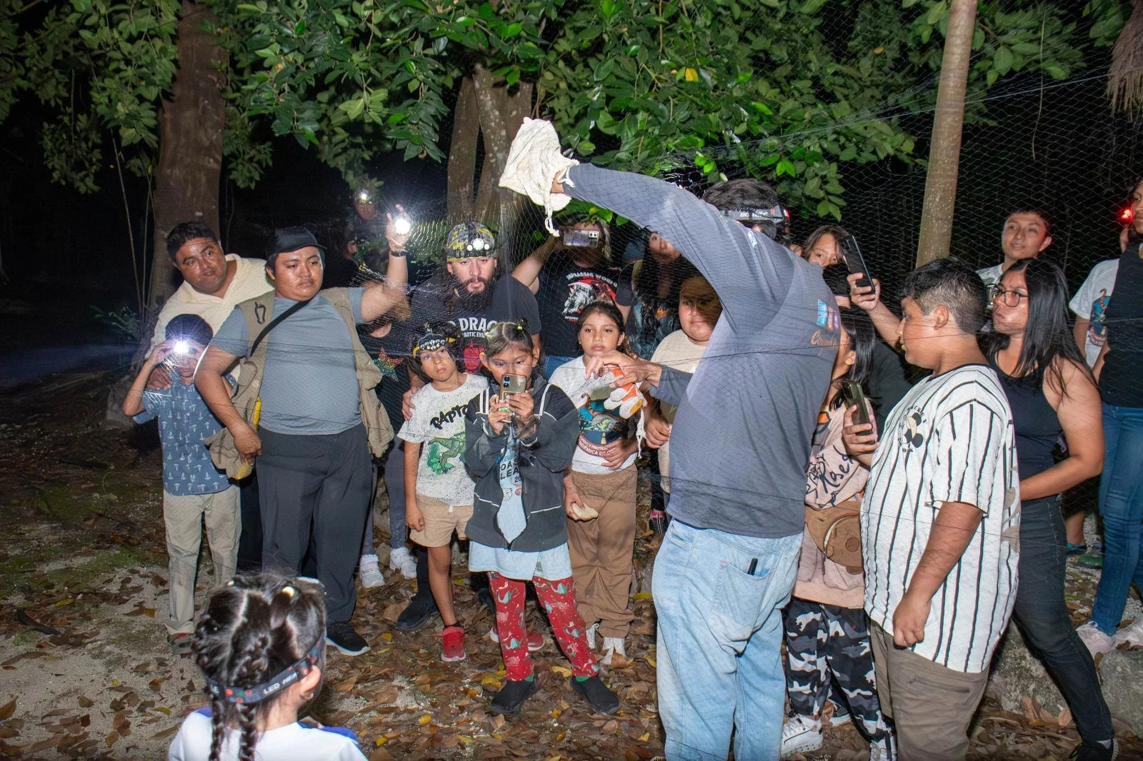 Participants at the Night of the Bat event in Cozumel observing bats up close