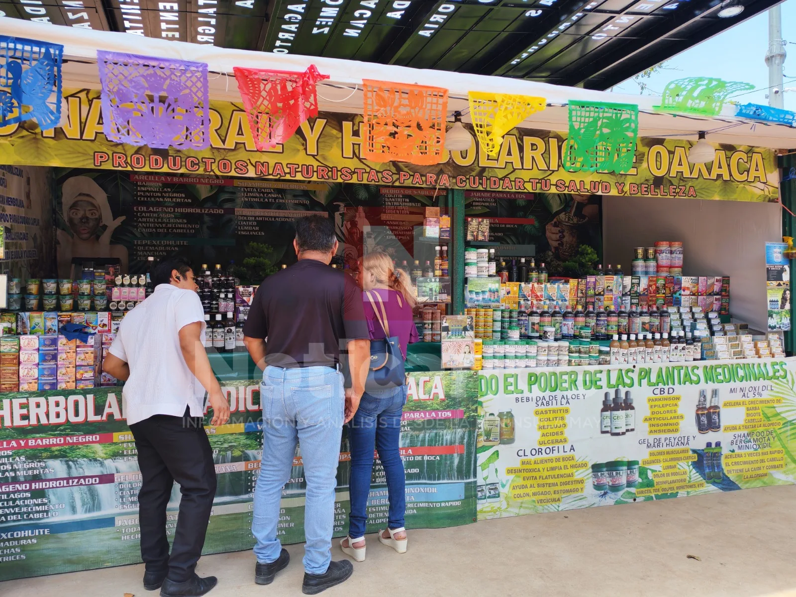 Stalls offering Oaxacan cuisine and crafts set up in the central park of Jose Maria Morelos, Quintana Roo