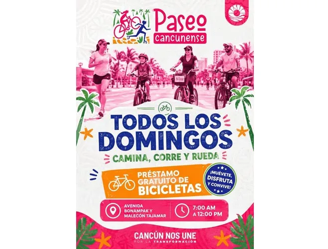Families biking and walking along a closed street in Cancun during Paseo Cancunense