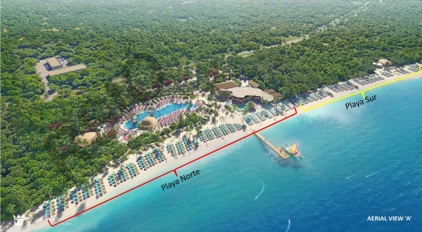Aerial view of Playa Mia, a public beach in Cozumel, Mexico, with turquoise water and sandy shore