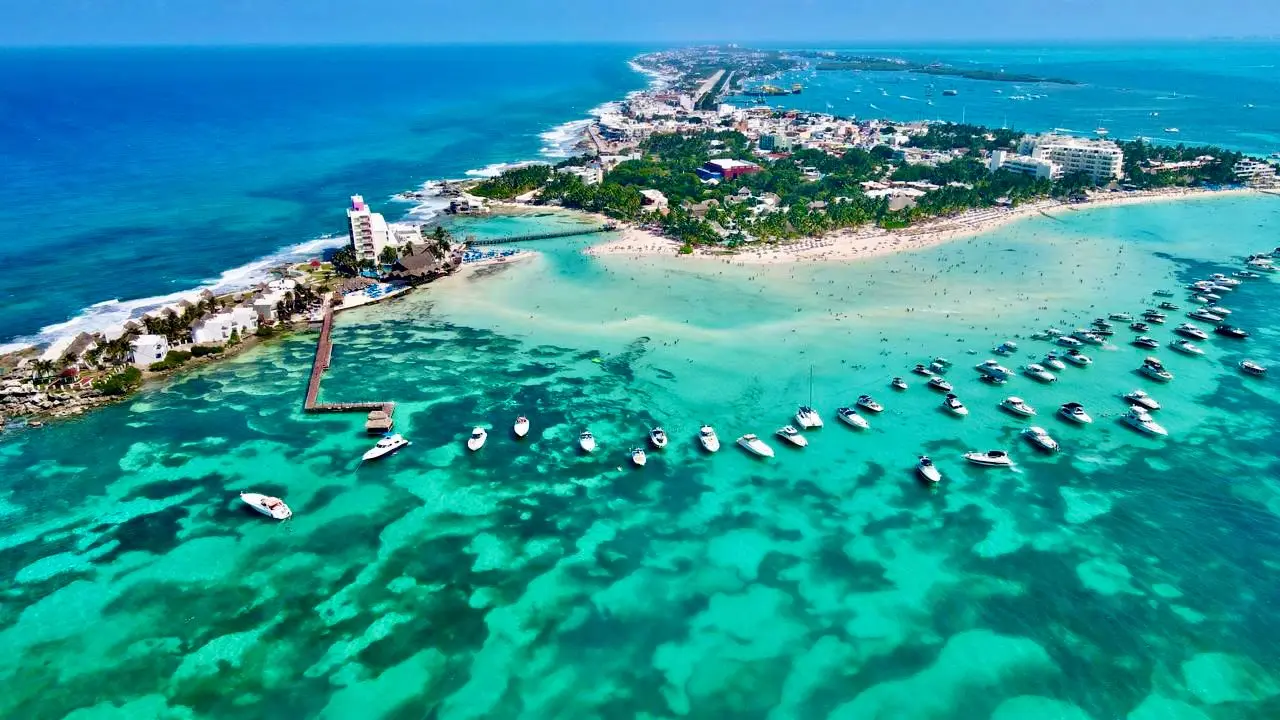 Aerial view of Playa Norte beach on Isla Mujeres with turquoise water and white sand