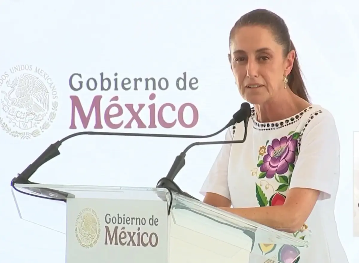 Mexican President Claudia Sheinbaum speaking at an event in Kanasin, Yucatan