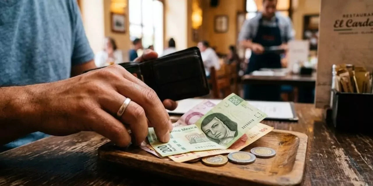 A person reviewing a restaurant bill with a tip line highlighted