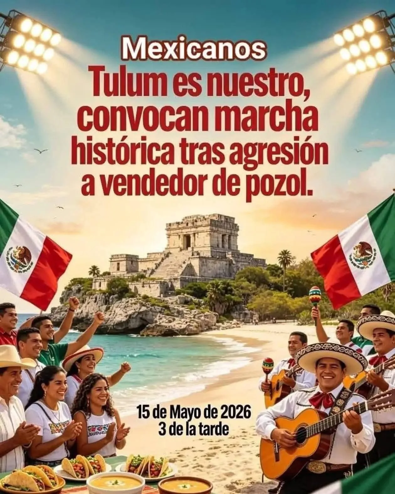 People gathering for a protest in Tulum, Quintana Roo, over an incident involving an Argentine tourist and a local pozol vendor