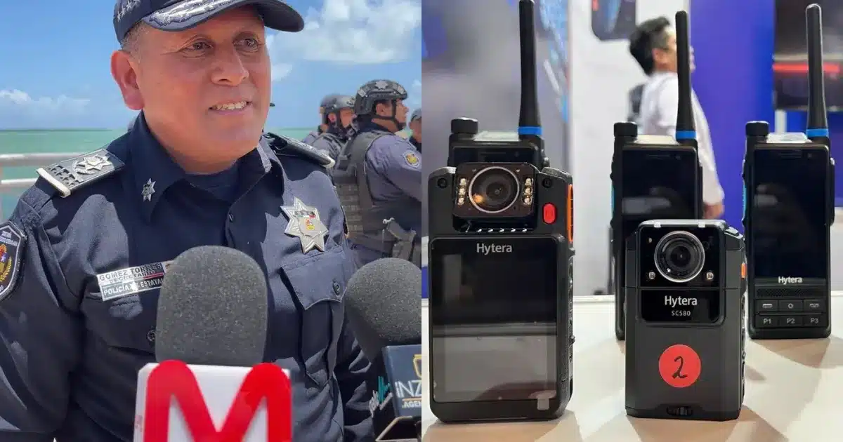 A Quintana Roo state police officer wearing a body camera on their uniform
