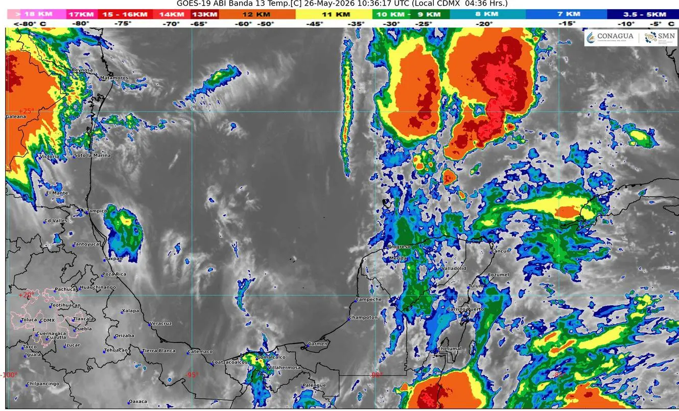Satellite image showing cloud cover over the Yucatan Peninsula with weather warning overlay