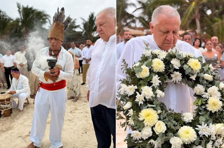 Rafael Marin speaking at a Maya ceremony on the beach in Tulum, Quintana Roo