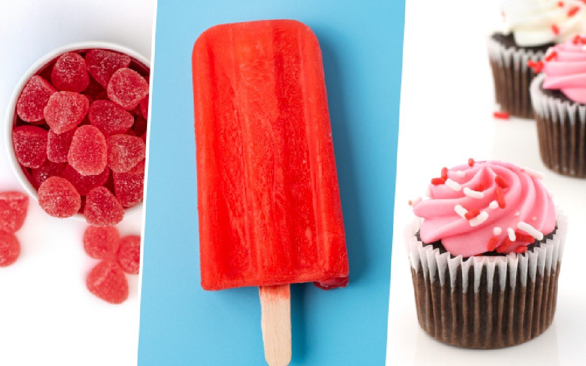 Red lollipops containing artificial red dye