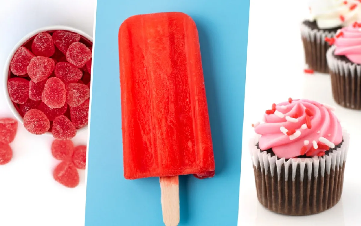 Red lollipops containing artificial red dye