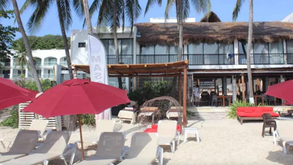 Aerial view of Riviera Maya hotel beachfront with palm trees and turquoise water