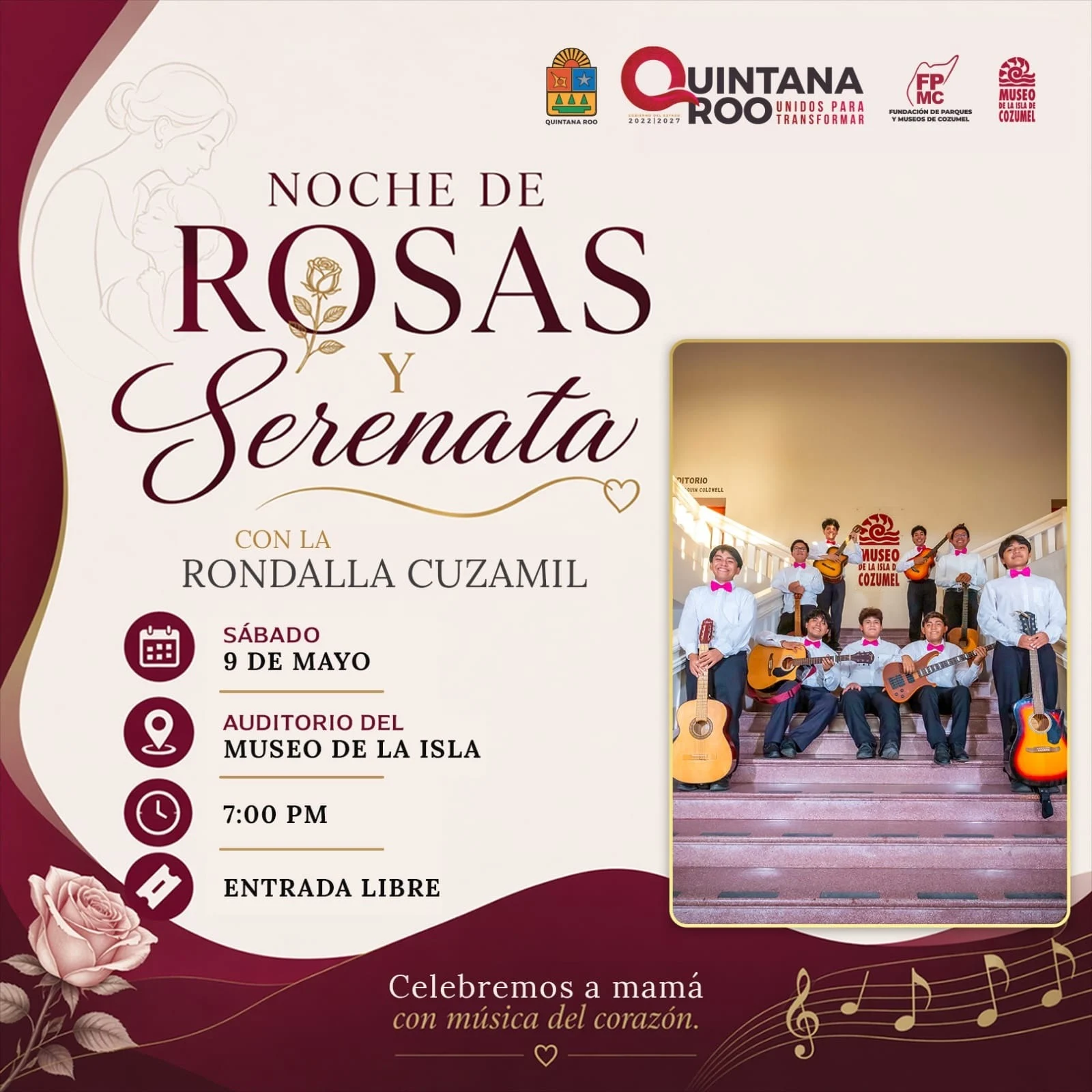 Rondalla Cuzamil performing on stage at the Museum of the Island auditorium in Cozumel