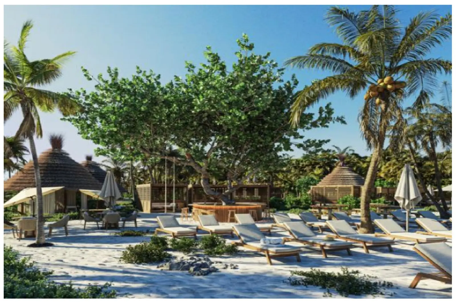 Render of the Roots Beach Club project on the southern coast of Cozumel, showing beachfront facilities and vegetation.