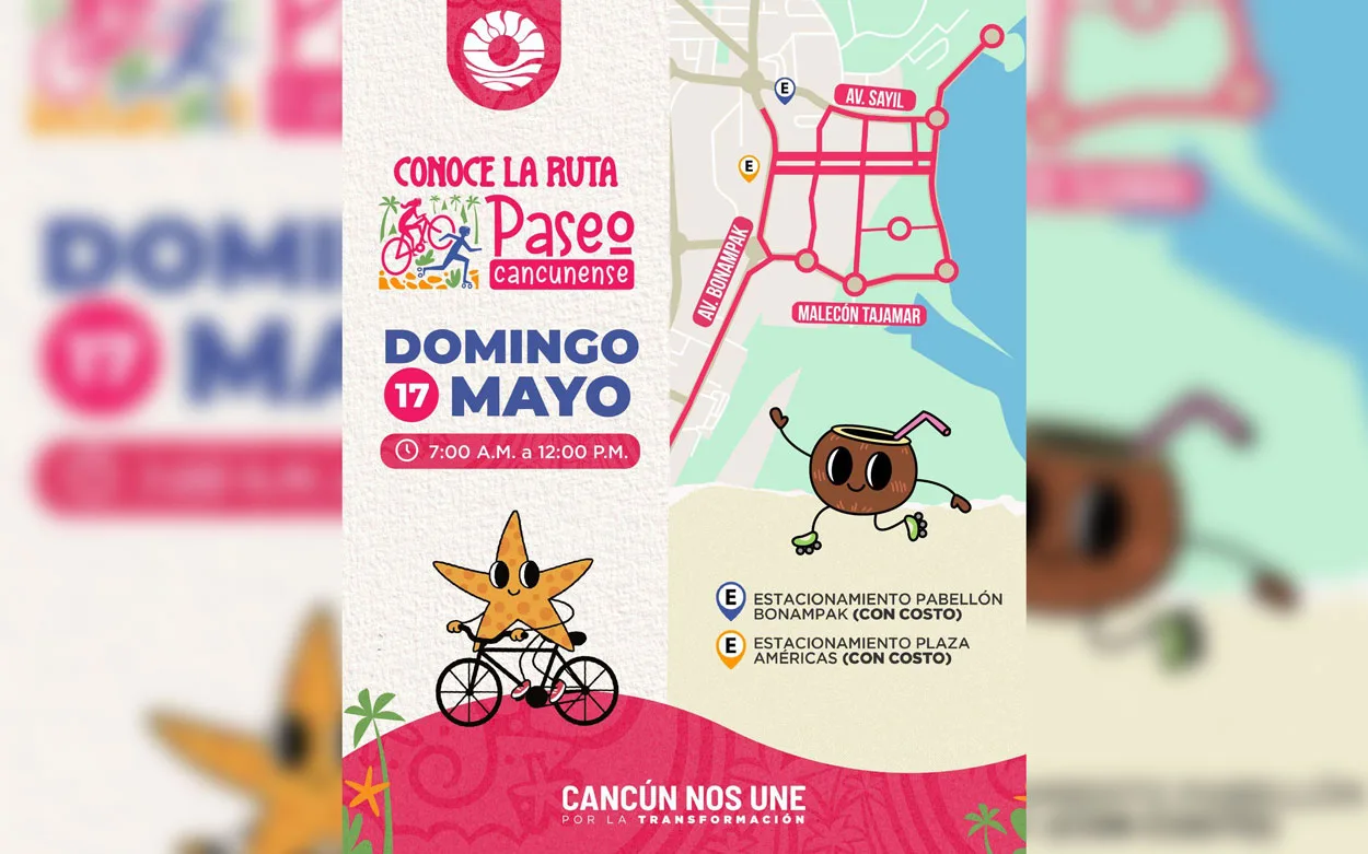 Families cycling on a closed street in Cancun during the Ruta Paseo Cancunense event