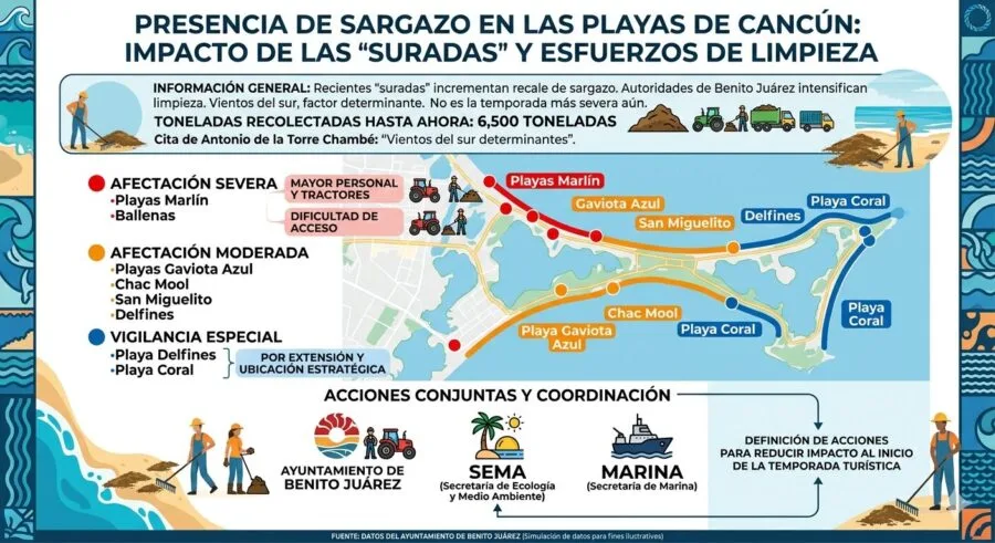Workers and tractors removing sargassum from a beach in Cancun's hotel zone