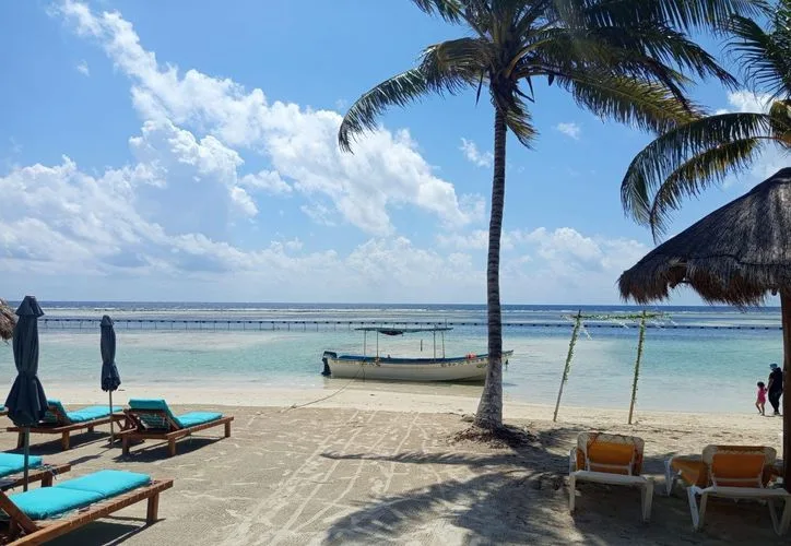 A beach in Mahahual with minimal sargassum on the sand and a containment barrier visible offshore.