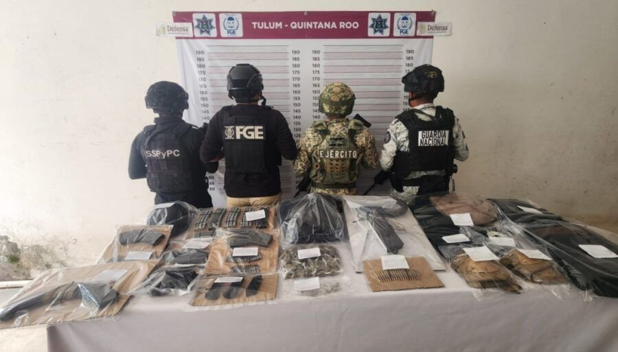 Abandoned Nissan truck containing drugs and ammunition seized by security forces in rural Tulum