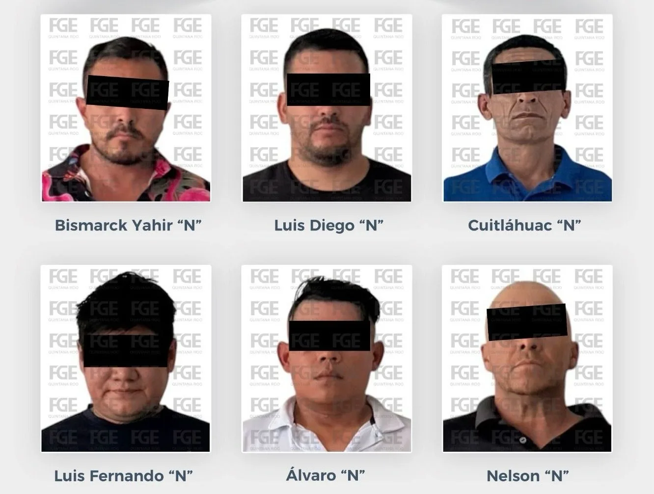 Six men in handcuffs being led by police officers in Cozumel