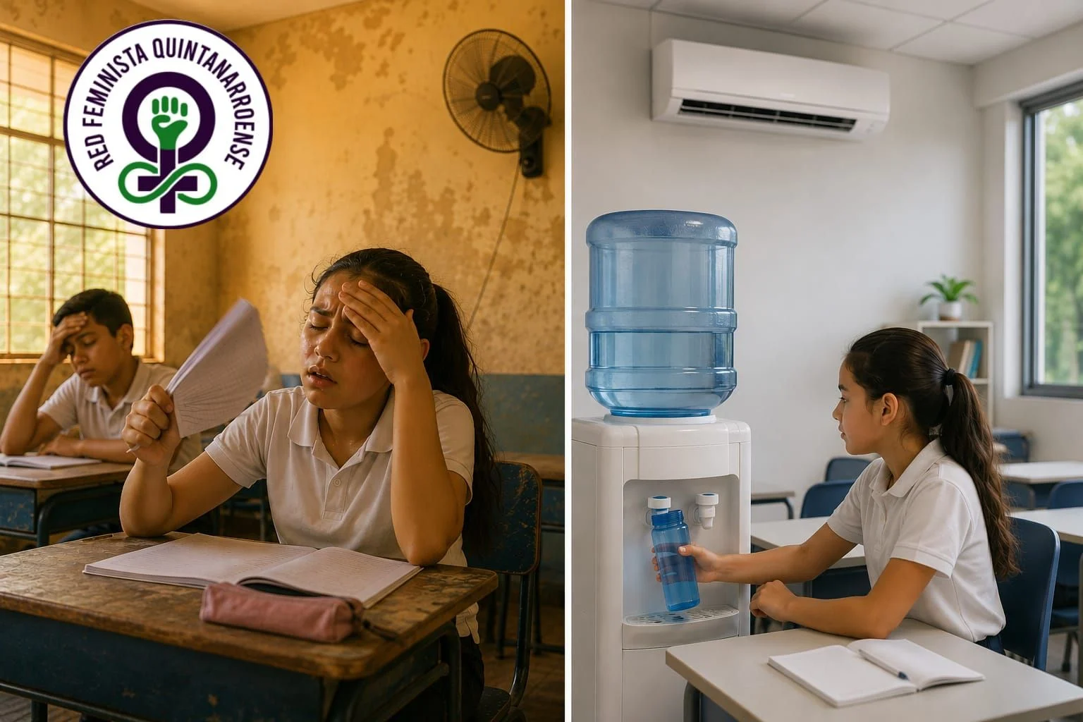 Students in a hot classroom without air conditioning in Quintana Roo