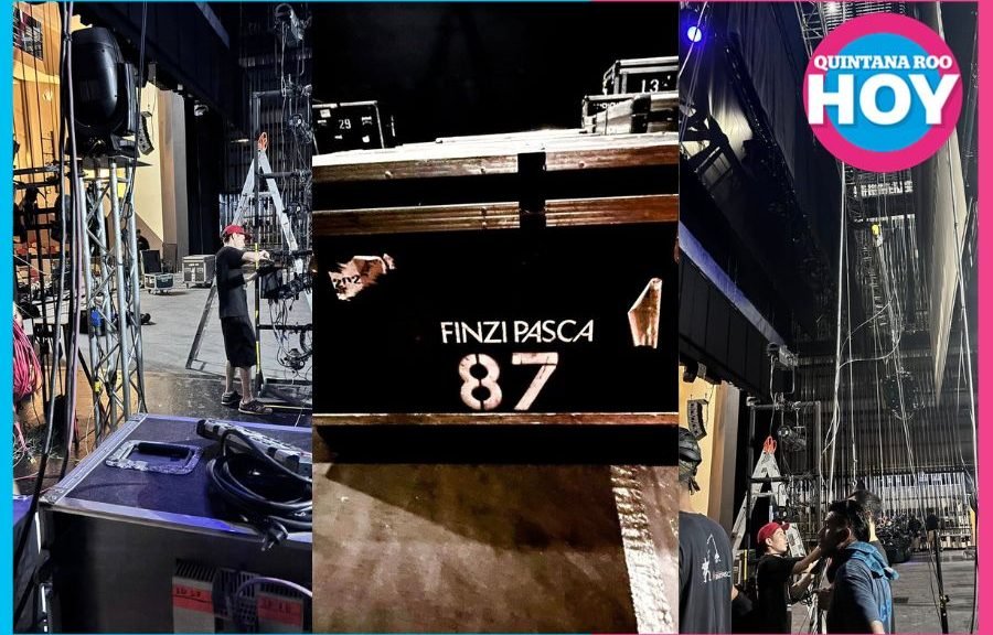Technical crew assembling rigging and lighting for Titizé show in Cancún