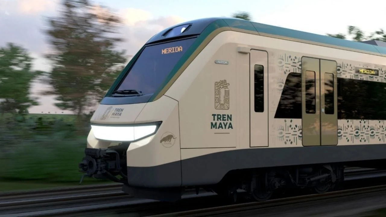A Tren Maya train traveling through the Yucatan Peninsula landscape
