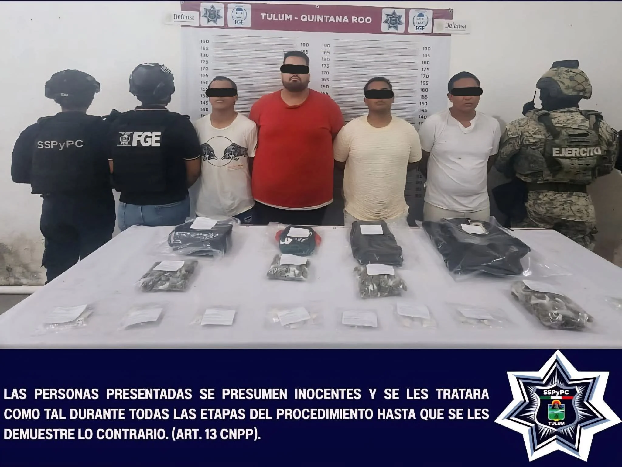 Police officers and military personnel at a drug seizure operation in Tulum