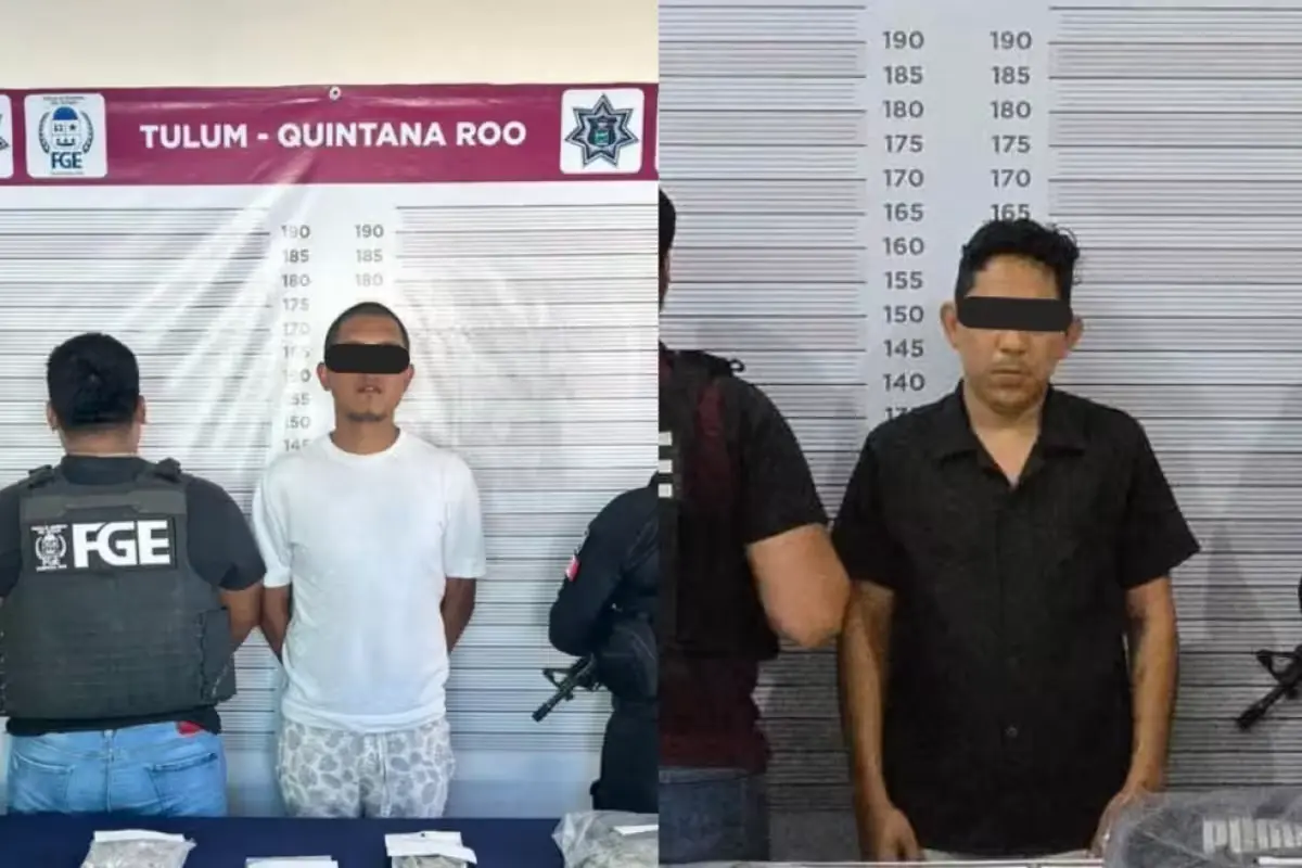 Two men arrested in Tulum drug operations pose for a mugshot